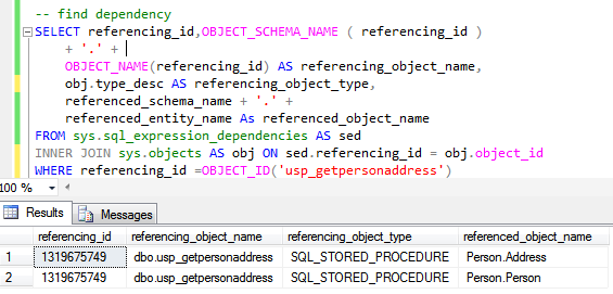 find dependencies of stored procedure in sql server