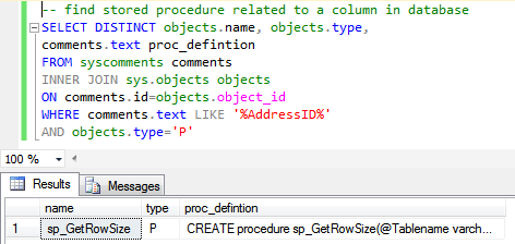 find stored procedure related to column in database