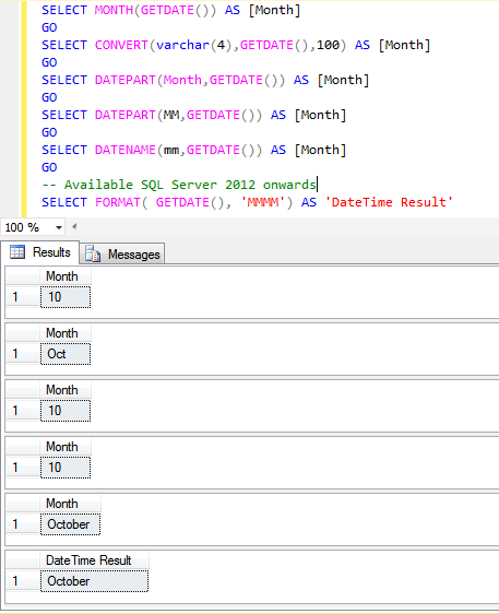 function to extract month from date in sql server