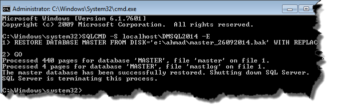 sql server restore master database