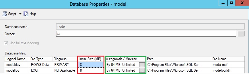 Model database default settings